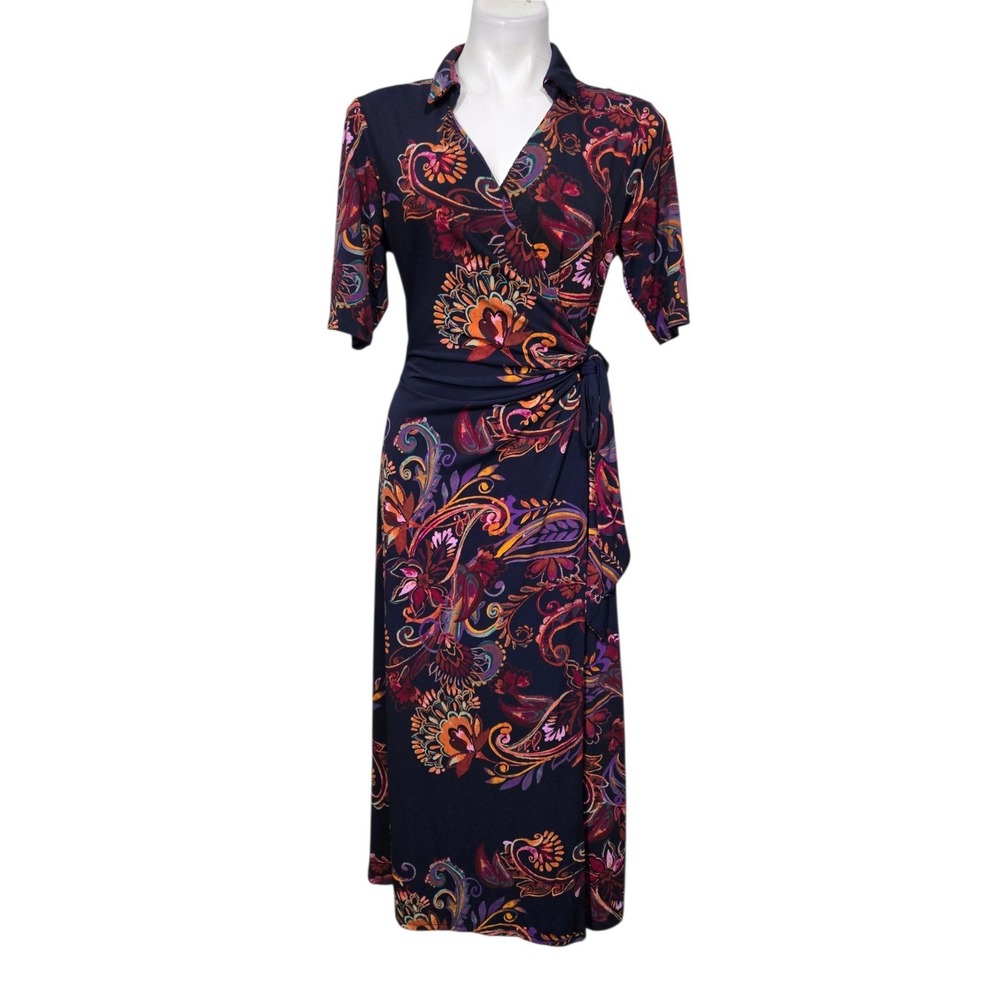 Chaus New York Navy Paisley Floral Wrap Midi Dress Short Sleeve Collared Size M